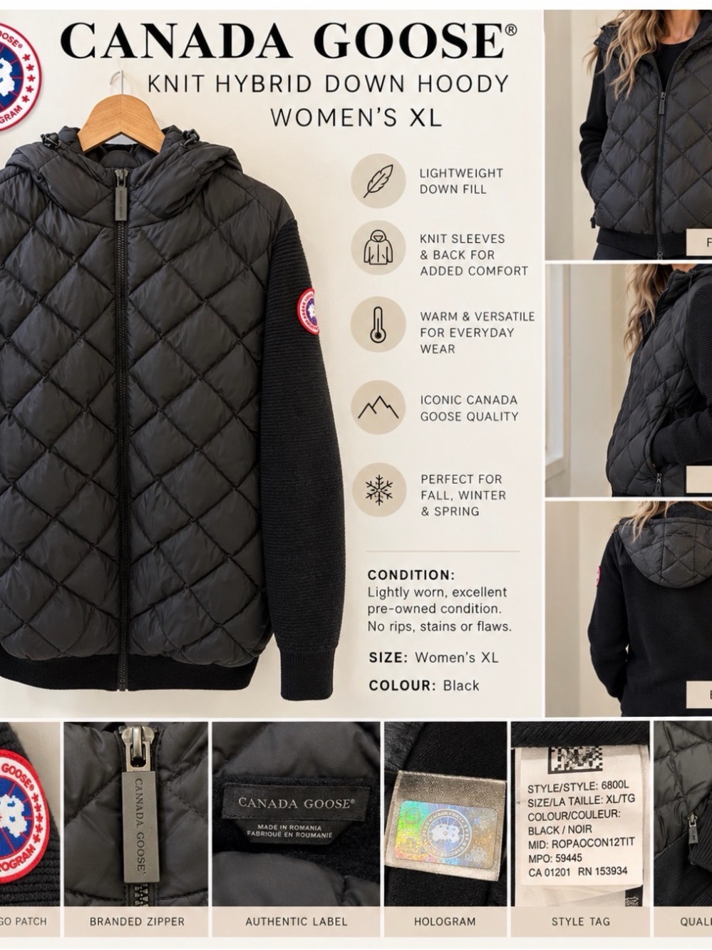 Canada Goose Women’s Knit Hybrid Down Hoody – Black – Size XL